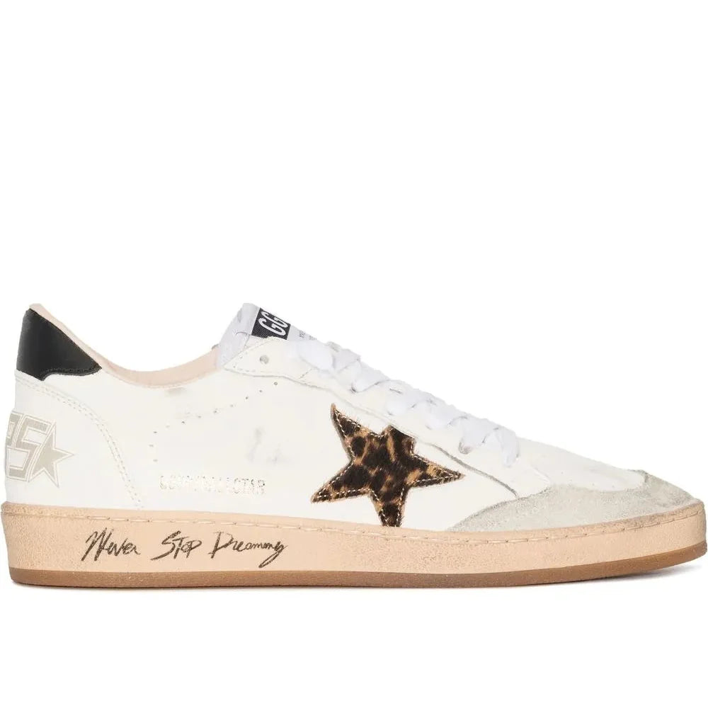 Golden Goose Ball Star trainers with leopard print pony skin star and black heels tab