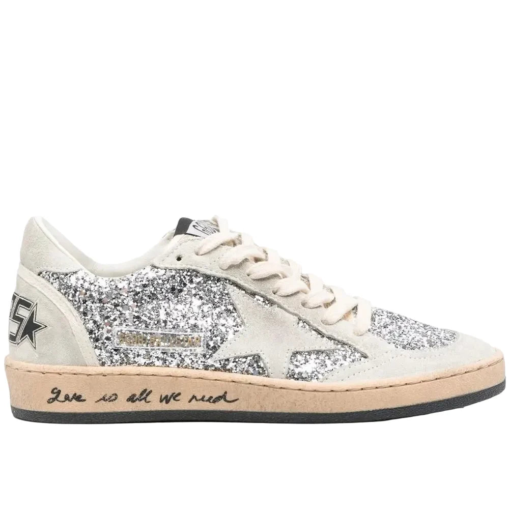 Golden Goose Ball Star trainers in silver glitter with ice-gray suede inserts