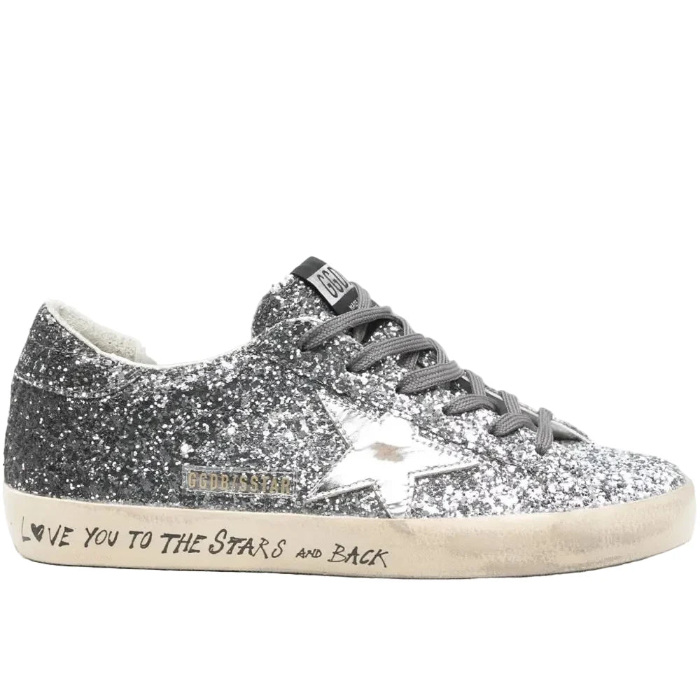 Golden Goose Super Star trainers with glitter upper and silver metallic leather star