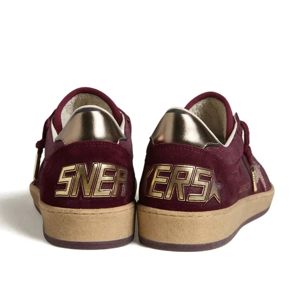 Golden Goose Ball Star trainers in burgundy suede with crystal star and metallic leather heels tab