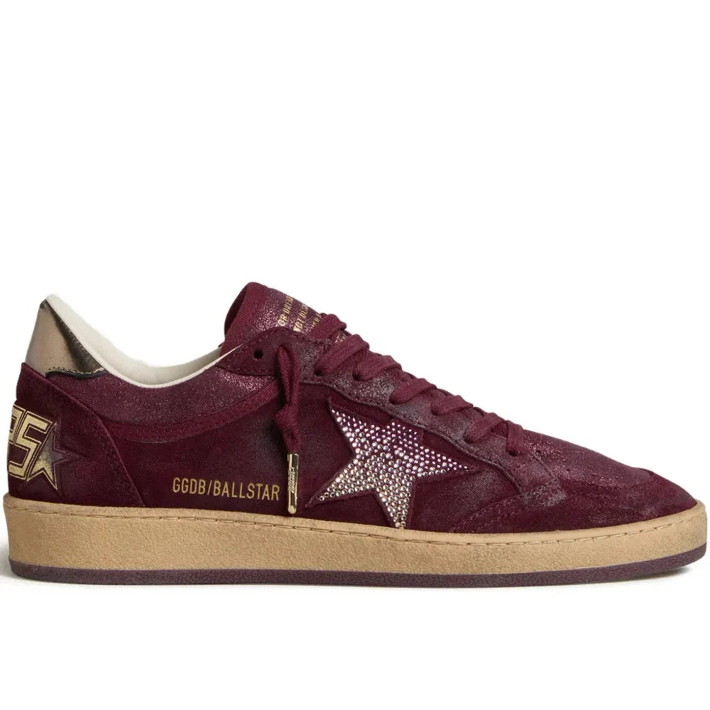 Golden Goose Ball Star trainers in burgundy suede with crystal star and metallic leather heels tab
