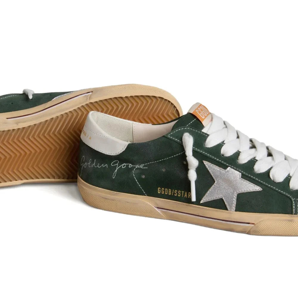 Golden Goose Super-Star trainers in green suede with silver metallic leather star and leather heels tab