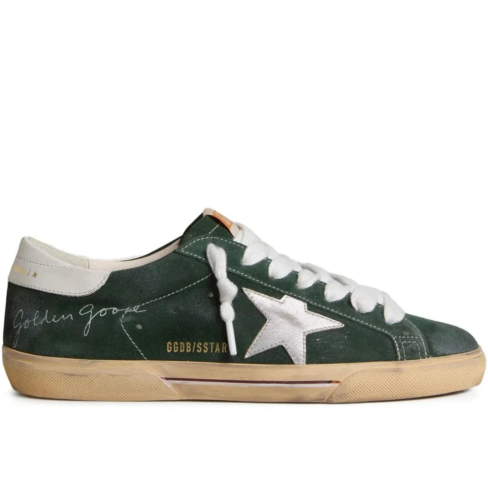 Golden Goose Super-Star trainers in green suede with silver metallic leather star and leather heels tab