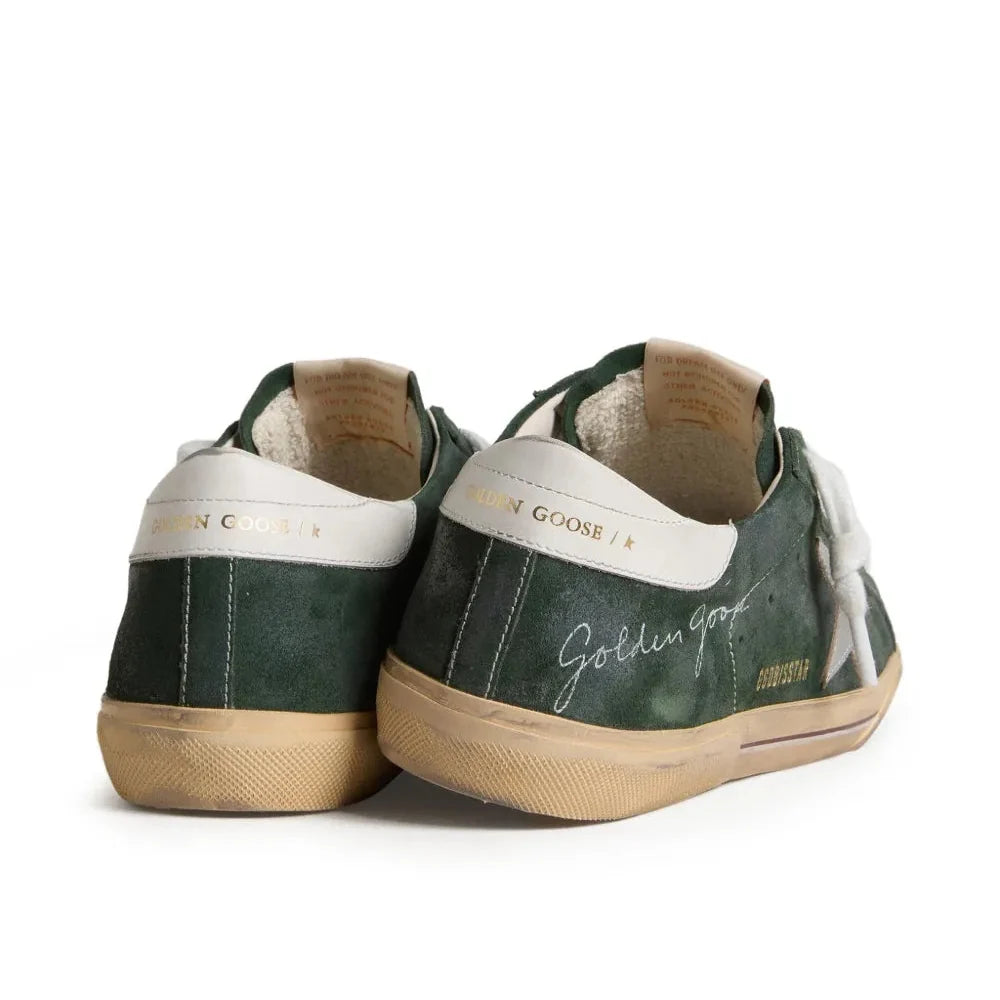 Golden Goose Super-Star trainers in green suede with silver metallic leather star and leather heels tab