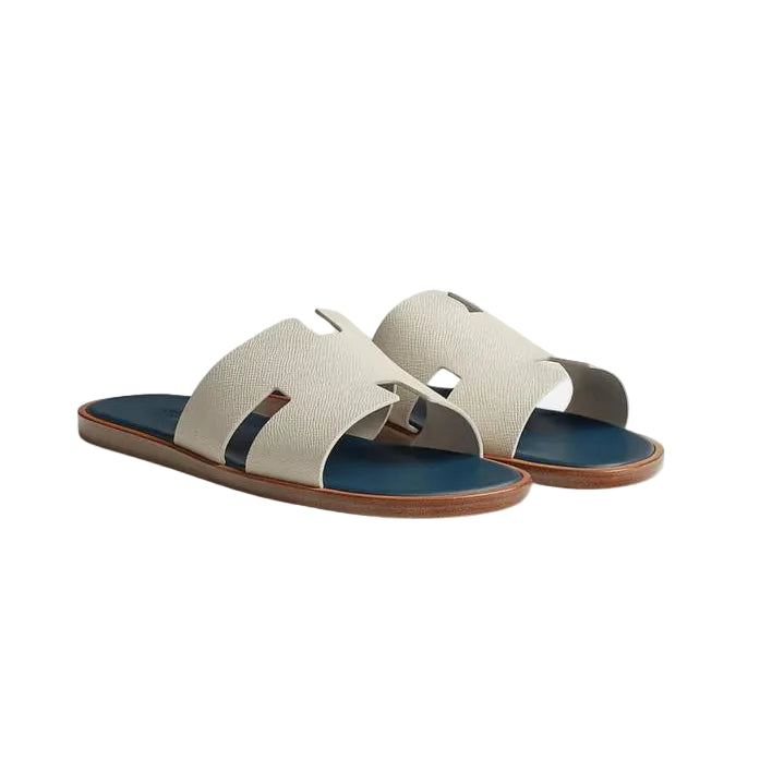 Hermes Izmir Sandal Epsom Leather Gris Silex / Bleu Turquin