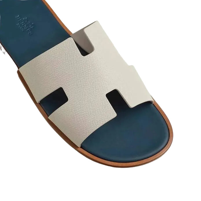 Hermes Izmir Sandal Epsom Leather Gris Silex / Bleu Turquin