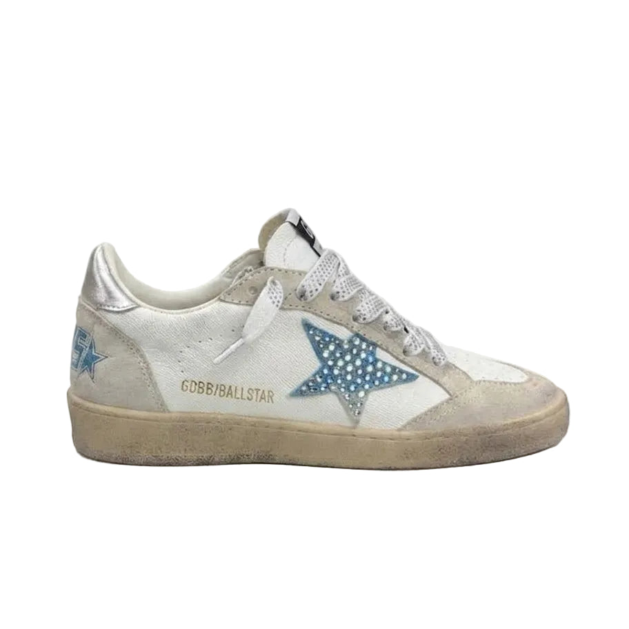 Golden Goose Ball Star crafted from white leather and featuring the signature star detail embellished with sparkling crystals on the side.