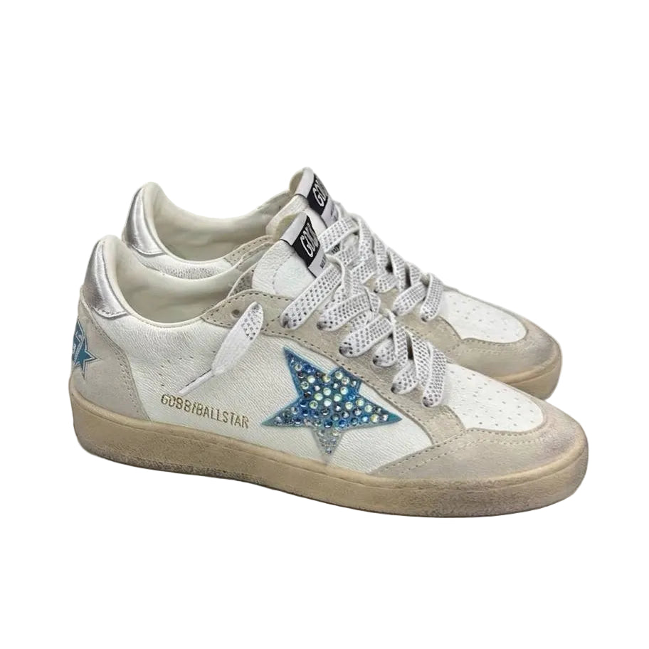 Golden Goose Ball Star crafted from white leather and featuring the signature star detail embellished with sparkling crystals on the side.