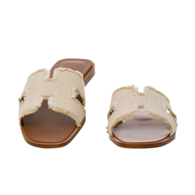 HERMES Oran Sandal Beige in Fringed Linen Canvas