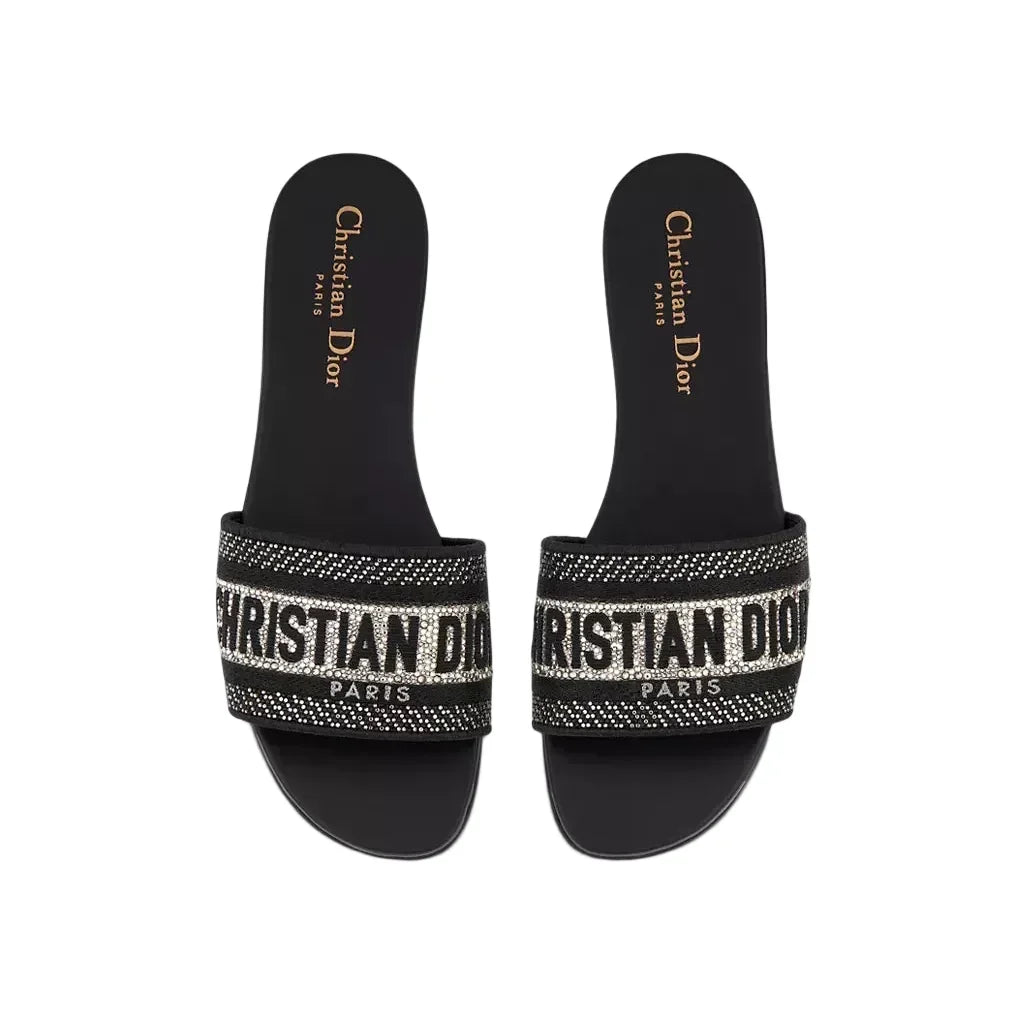 Cristian Dior Dway Slide Black Cotton Embroidery with Metallic Thread and Silver-Tone Strass